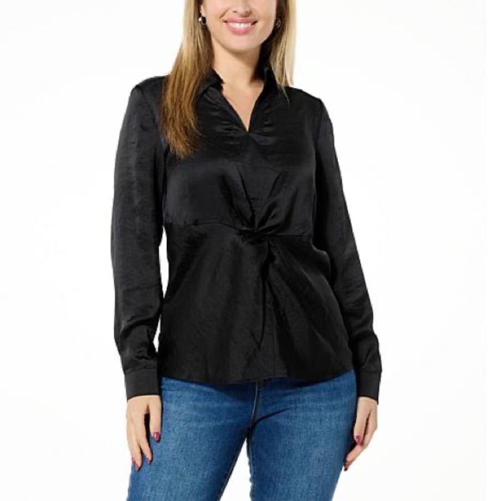 Diane Gilman Black Long Sleeve Tie Front Blouse
